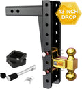 Adjustable Trailer Hitch, 2-Inch Receiver, 13-Inch Drop/Rise, 21000 LBS GTW, Double Pins, Solid Ball Mount V6195