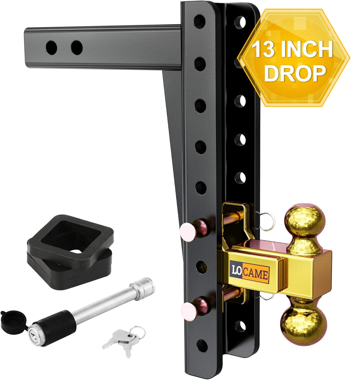 Adjustable Trailer Hitch, 2-Inch Receiver, 13-Inch Drop/Rise, 21000 LBS GTW, Double Pins, Solid Ball Mount V6195