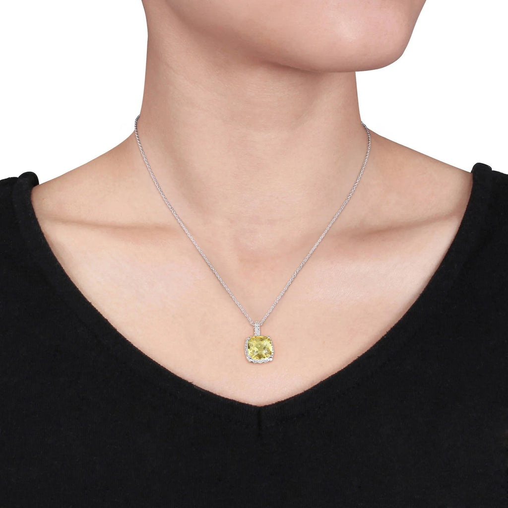 Sterling Silver Citrine and Diamond Halo Pendant with Chain N38116