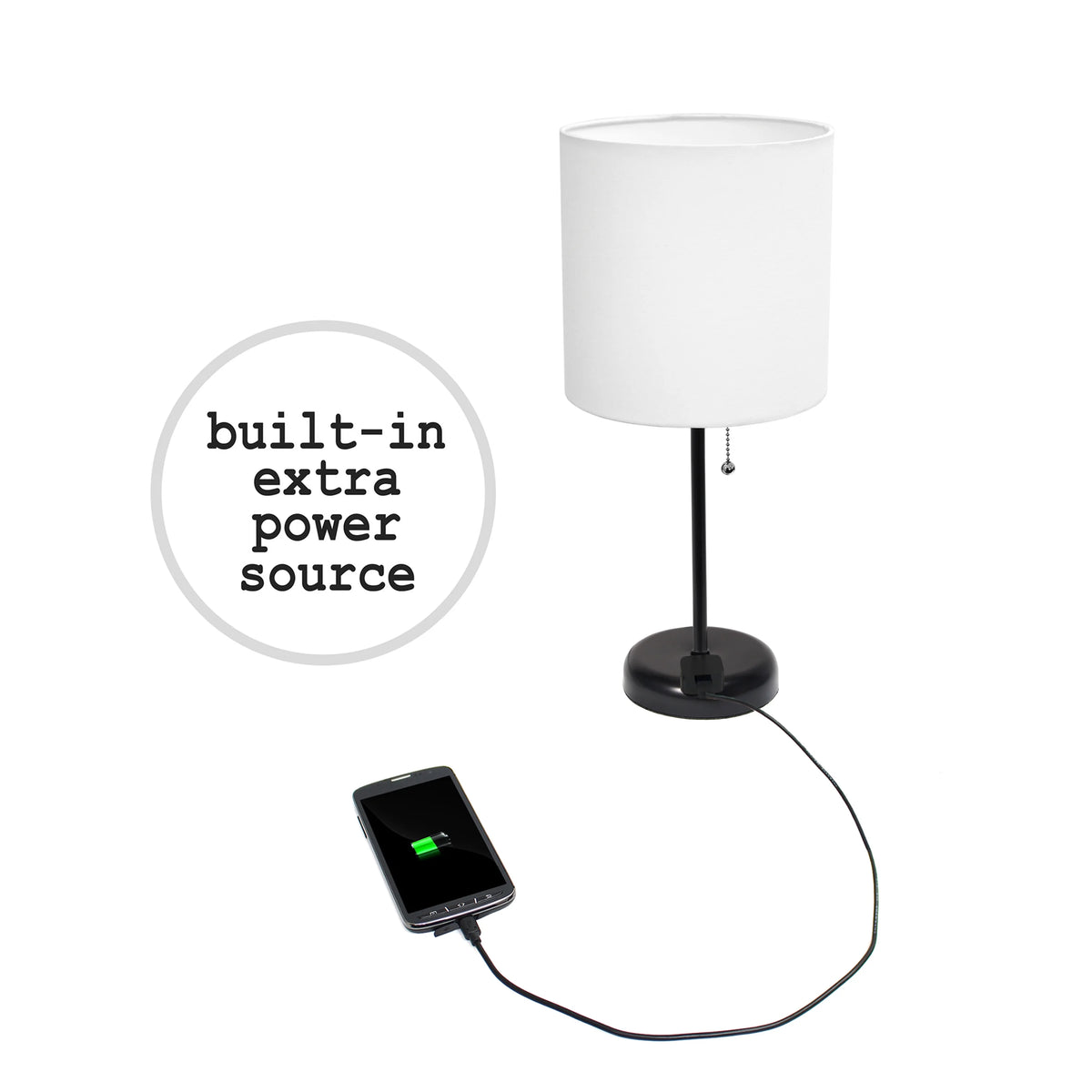 Black Stick Lamp with Outlet and Fabric Shade Two Pack Set T7132