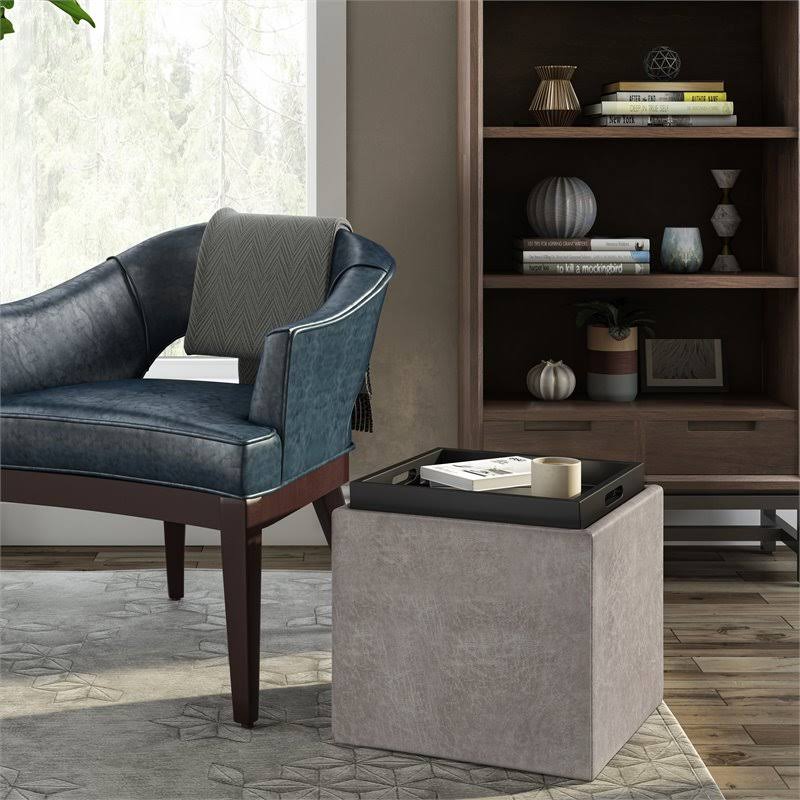 Distressed Grey Taupe Faux Leather Cube Storage Ottoman with Tray L6854