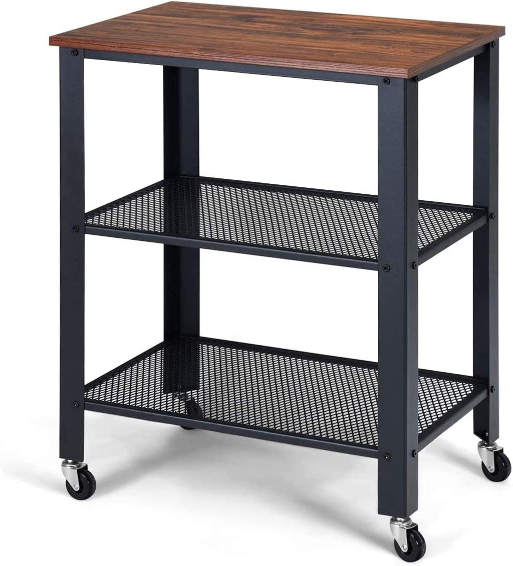 3-Tier Rolling Utility Cart with Metal Frame Wooden Table and Two Grid Storage Shelves G56433