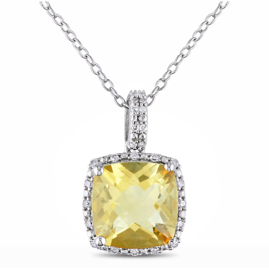 Sterling Silver Citrine and Diamond Halo Pendant with Chain N38116