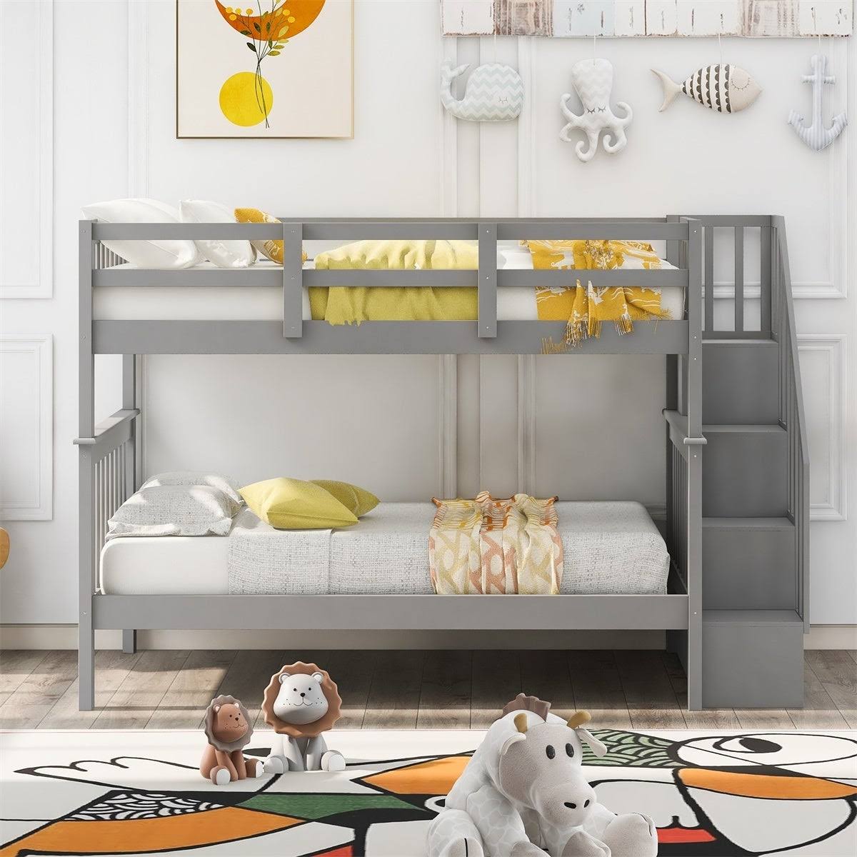 Twin-Over-Twin Bunk Bed with Stairway, Storage and Guard Rail - Grey X54911