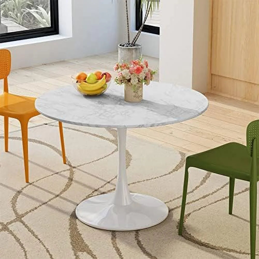 32" Round Dining Table with Printed Marble Table Top Metal Base Pedestal Table C61961