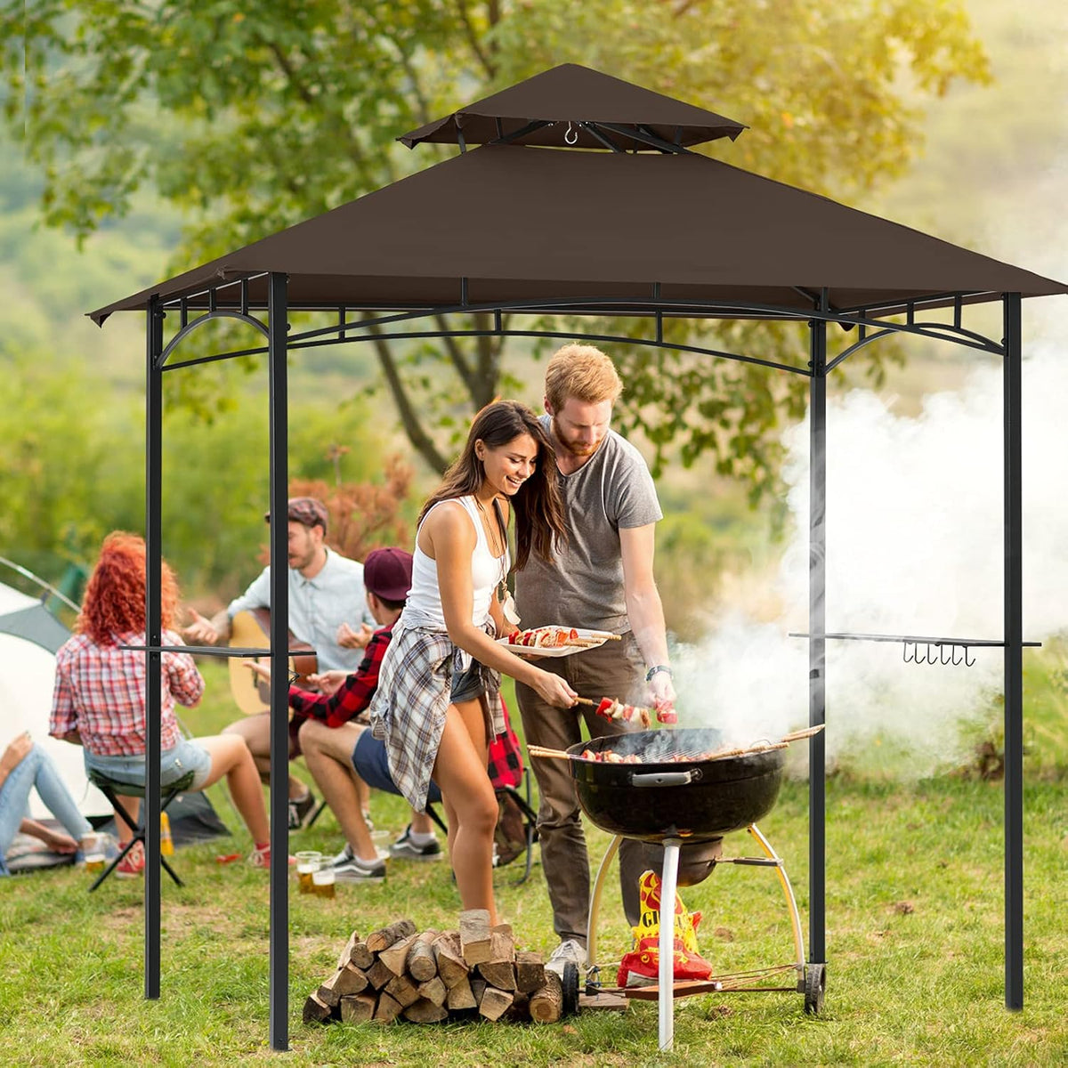 Brown 8'x 5' Outdoor BBQ Gazebo Canopy with LED Light R237