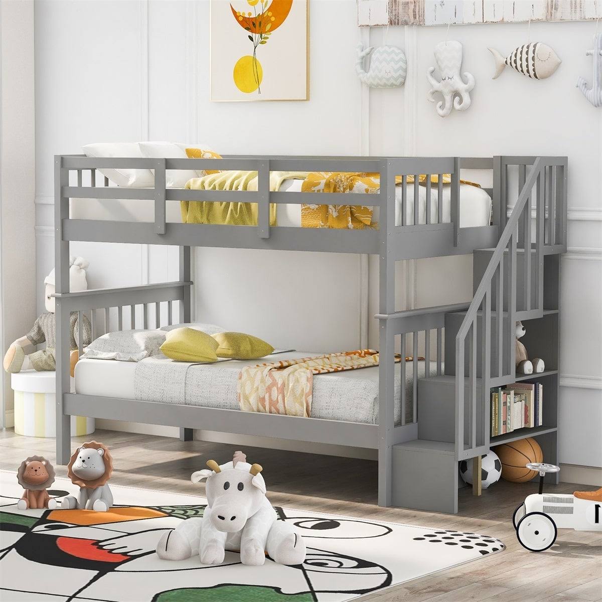 Twin-Over-Twin Bunk Bed with Stairway, Storage and Guard Rail - Grey X54911