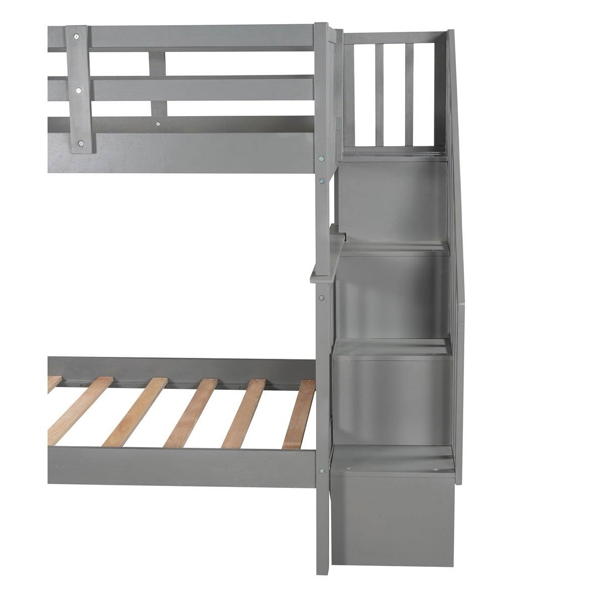 Twin-Over-Twin Bunk Bed with Stairway, Storage and Guard Rail - Grey X54911