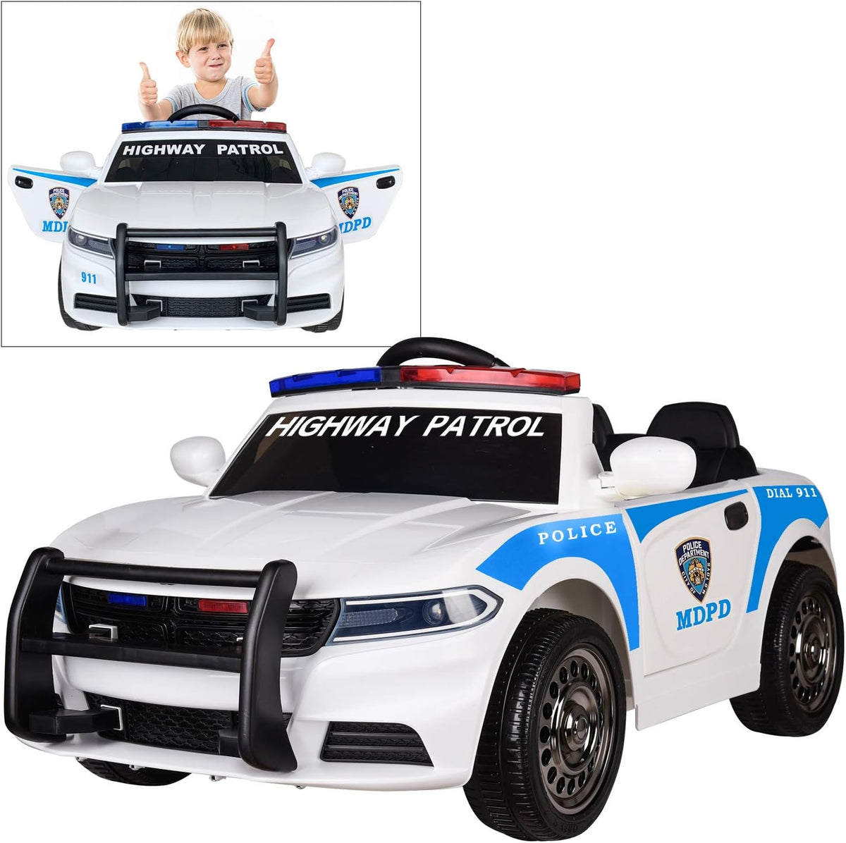 12V Ride On Police Car Toy with Remote Control Lights Siren D26642