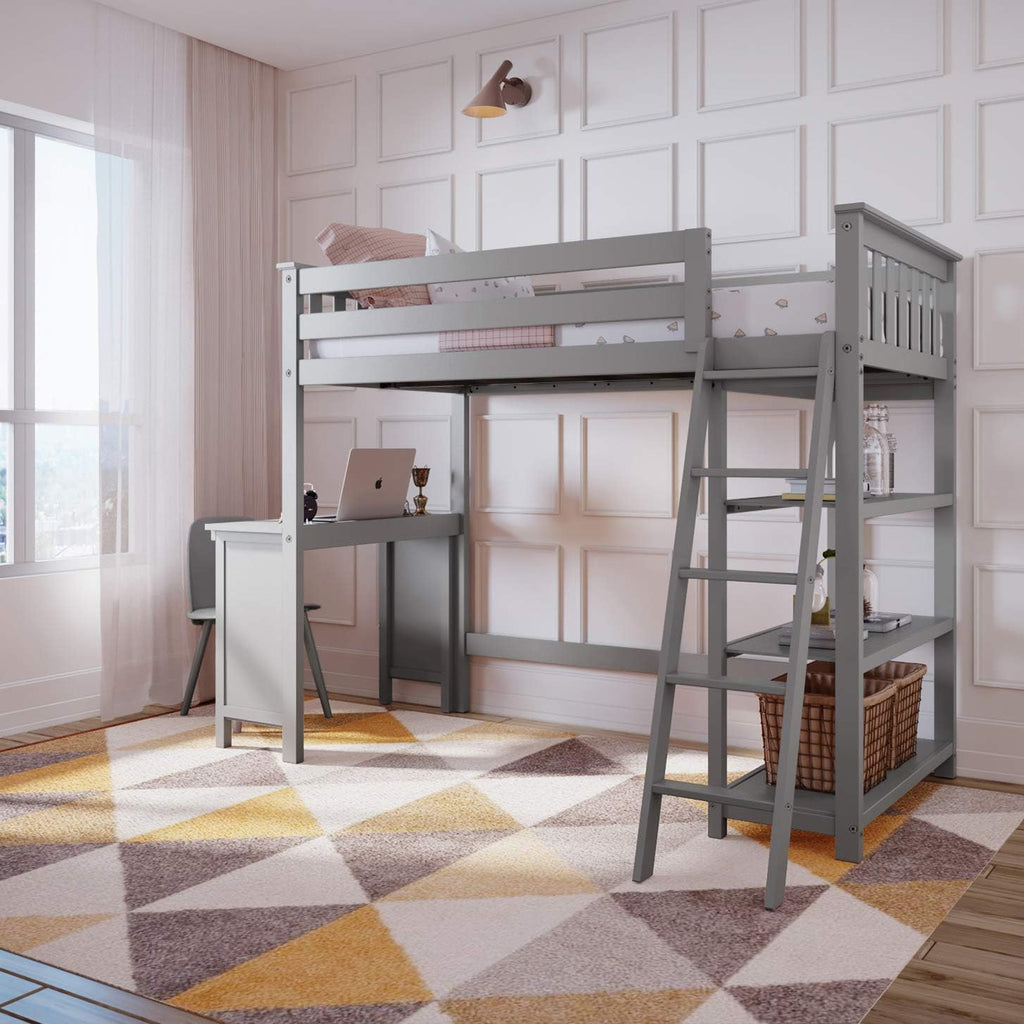 White Twin High Loft Bed with Bookcase J317