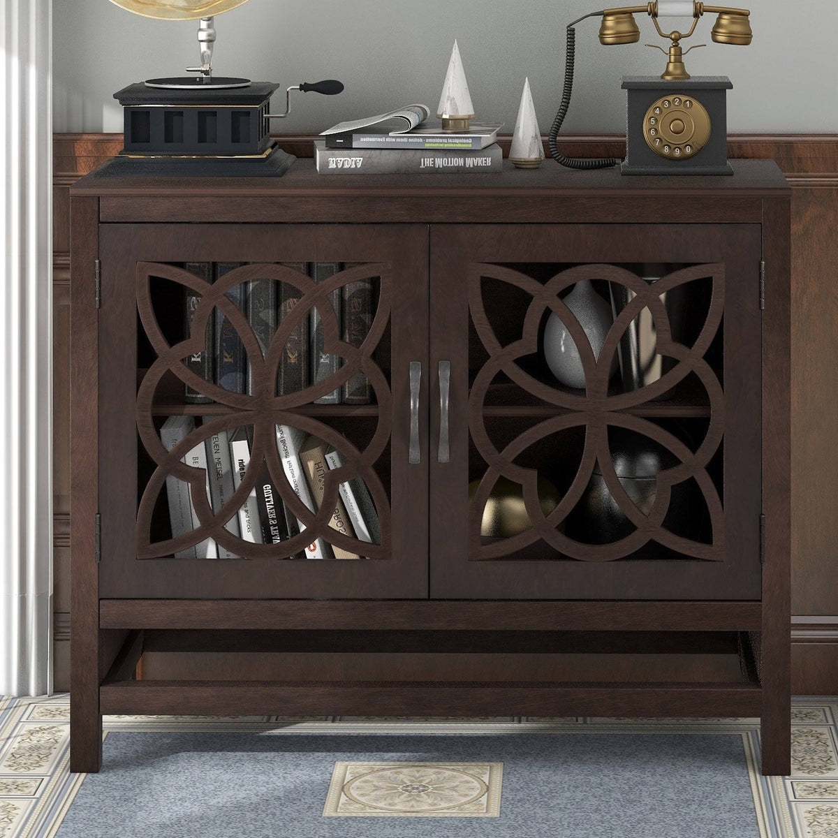 Brown Navy Blue Wood Accent Sideboard Storage Cabinet with Doors U6016