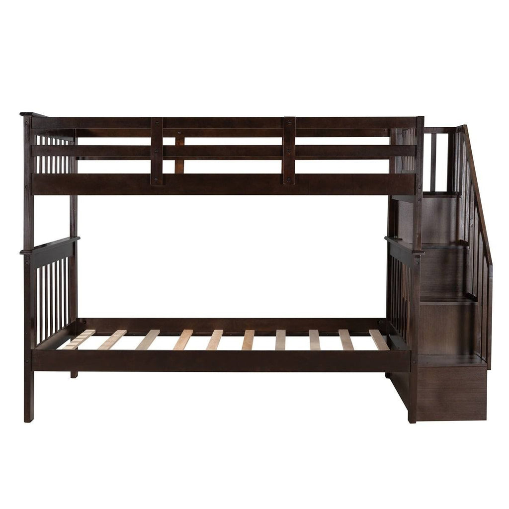 Twin-Over-Twin Bunk Bed with Stairway, Storage and Guard Rail - Grey X54911