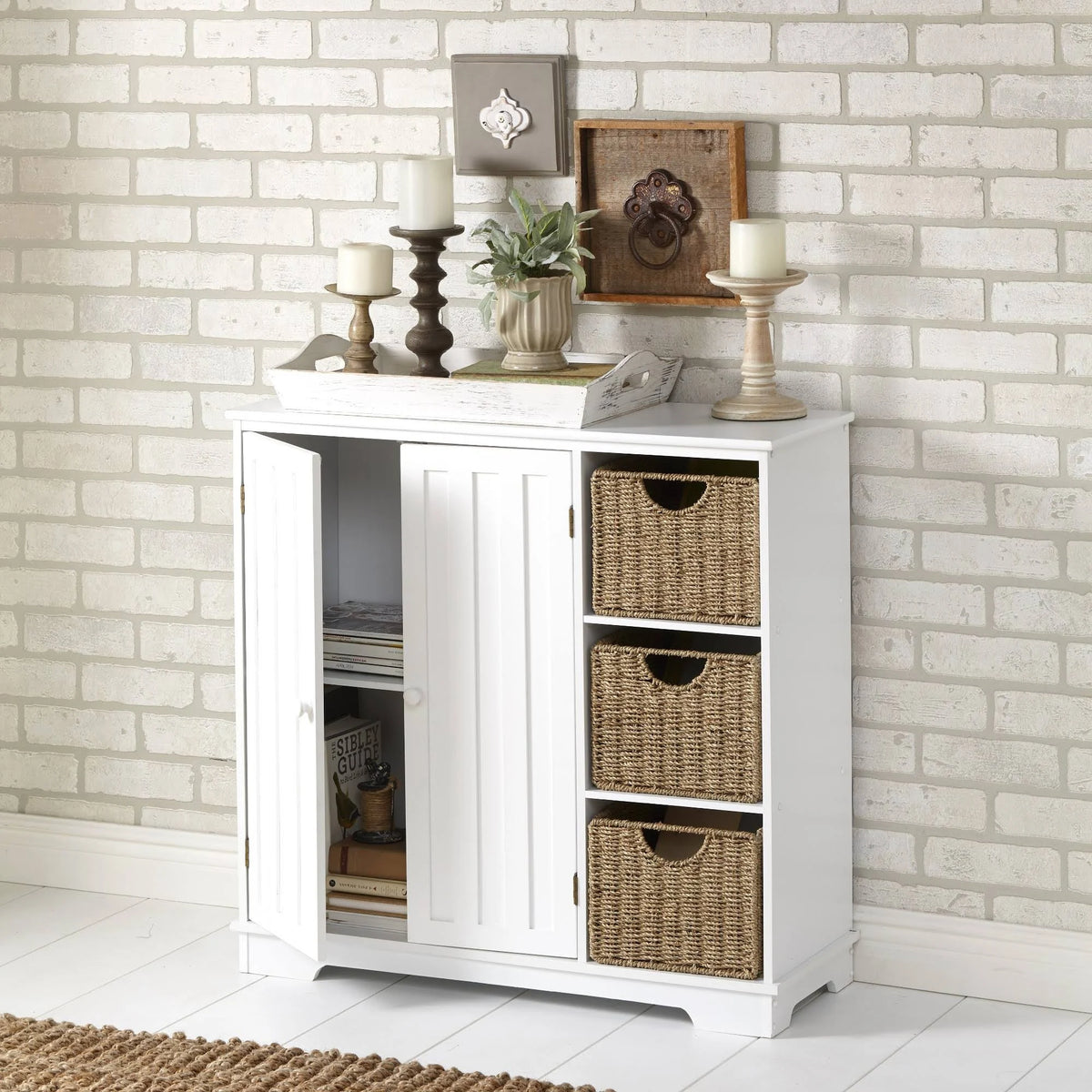 White Beadboard Wooden Storage Cabinet R774237
