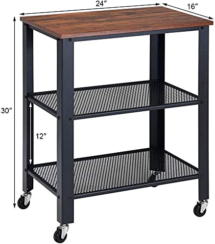 3-Tier Rolling Utility Cart with Metal Frame Wooden Table and Two Grid Storage Shelves G56433