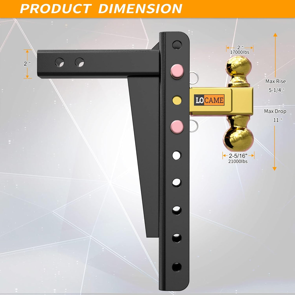 Adjustable Trailer Hitch, 2-Inch Receiver, 13-Inch Drop/Rise, 21000 LBS GTW, Double Pins, Solid Ball Mount V6195