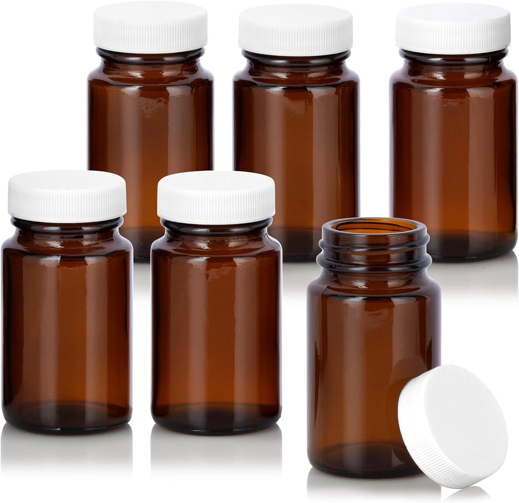 Amber Glass Wide Mouth Packer Bottle With White Ribbed Lid (6 Pack) B3336