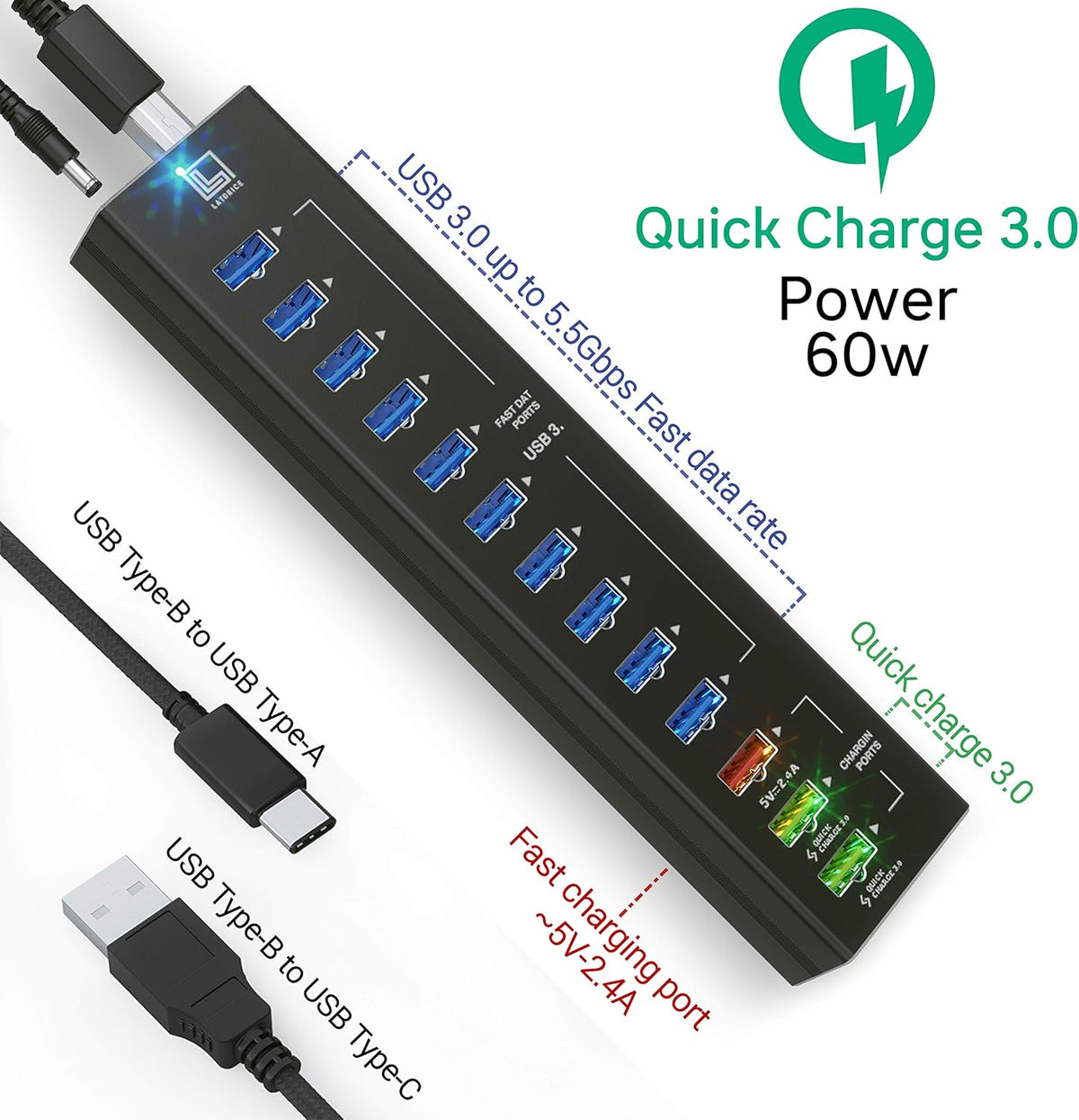 13 Multi-Port USB Hub with 10 USB 3.0 Ports, 2 IQ Quick Charge 3.0 Ports, Unibody Aluminum USB Hub, Pack of 2 X4616