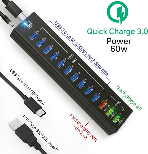 13 Multi-Port USB Hub with 10 USB 3.0 Ports, 2 IQ Quick Charge 3.0 Ports, Unibody Aluminum USB Hub, Pack of 2 X4616