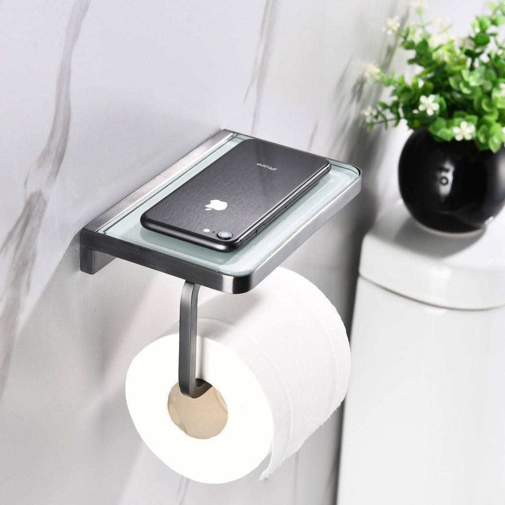 Gun Metal Stainless Steel White Glass Shelf with Toilet Paper Holder U2138