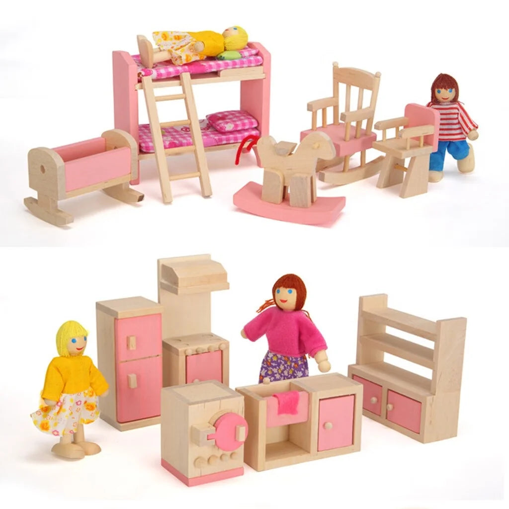 Miniature Doll Wooden Toy People 8 Furniture House N54664