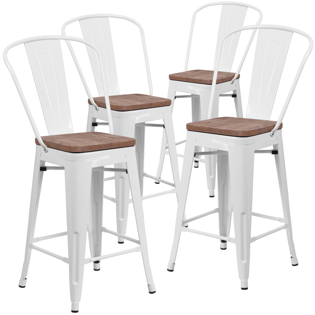 4 Pk Metal Counter Height Stool with Back and Wood Seat, Black-Antique Gold I580859