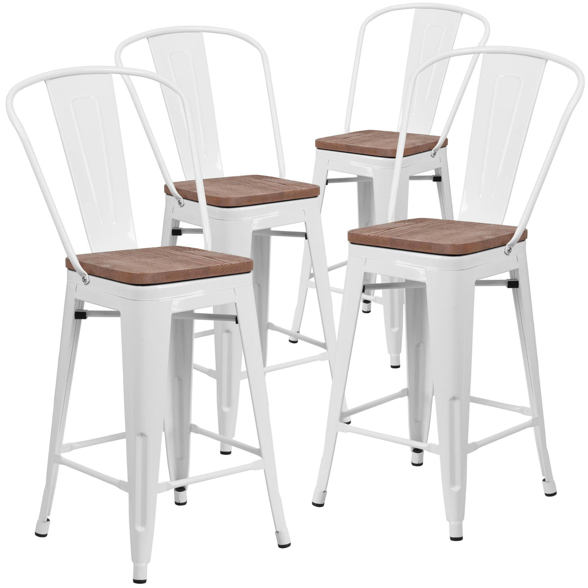 4 Pk Metal Counter Height Stool with Back and Wood Seat, Black-Antique Gold I580859