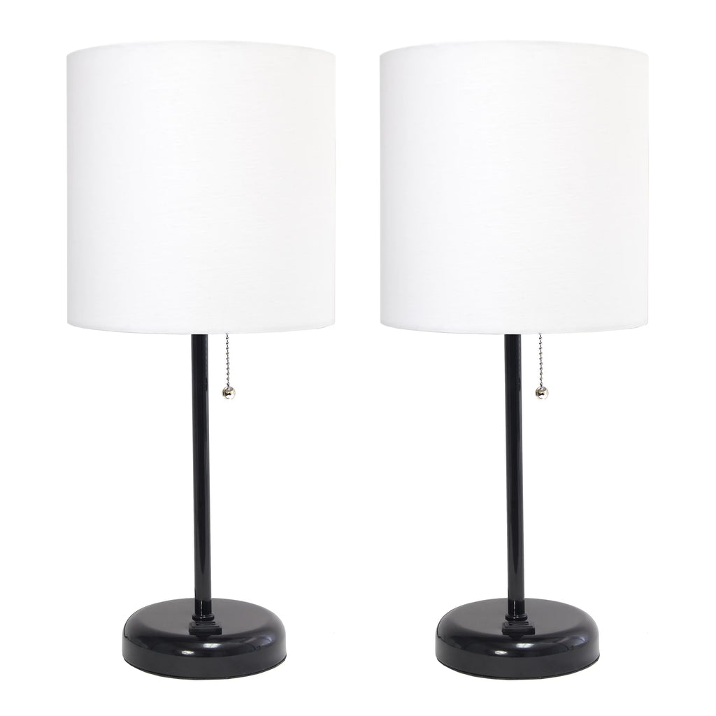 Black Stick Lamp with Outlet and Fabric Shade Two Pack Set T7132