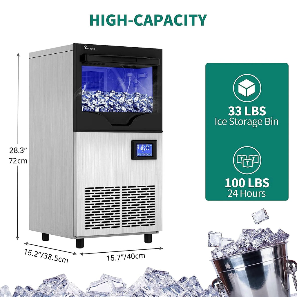 Commercial Ice Maker Machine 100lbs/24h with 33lbs Storage Bin, Stainless Steel Ice Scoop, Blue Light, Freestanding Ice Machine Water Bottle X1625