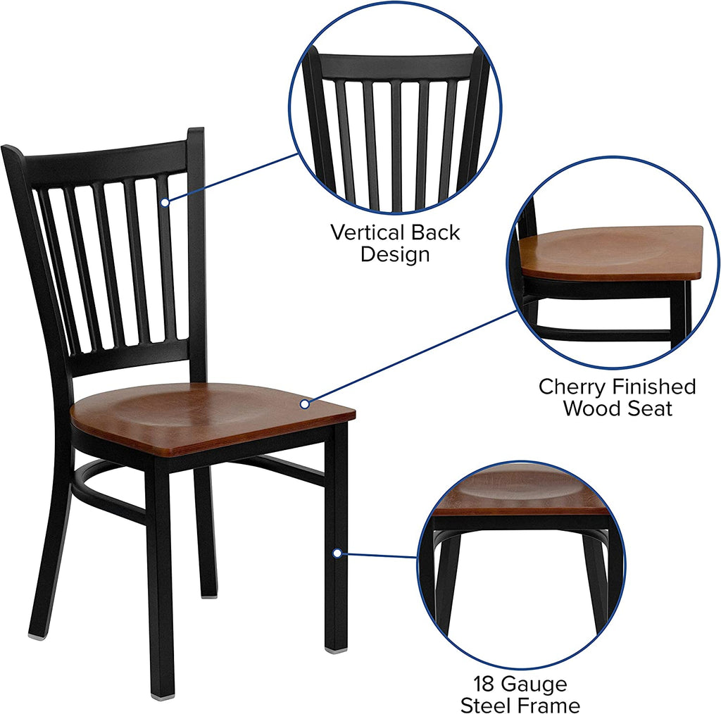 Black Vertical Back Metal Restaurant Chair with Cherry Wood Seat D288730