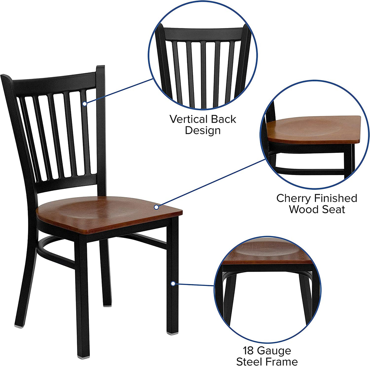 Black Vertical Back Metal Restaurant Chair with Cherry Wood Seat D288730