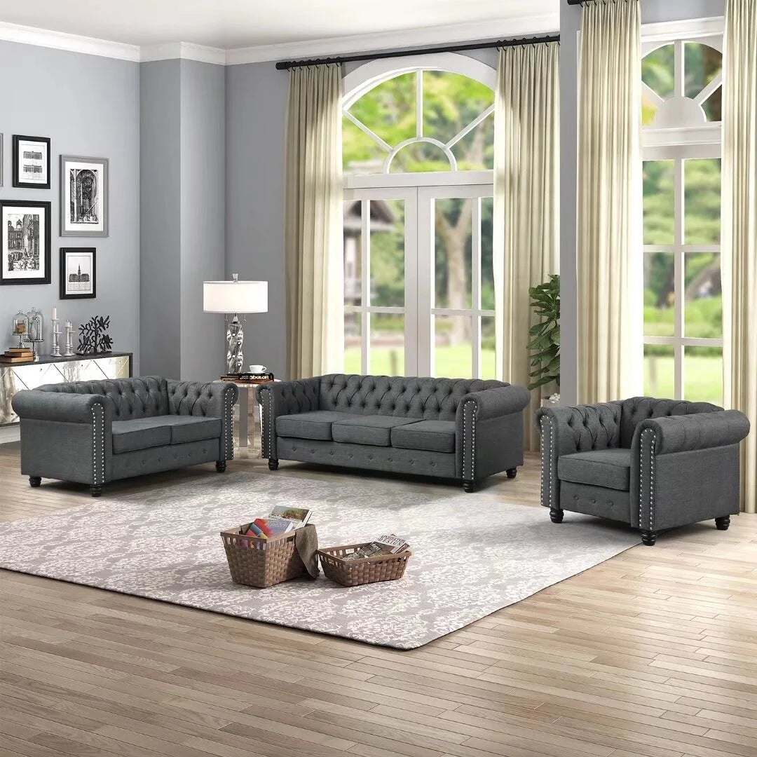 Upholstered Fabric Linen Grey Chesterfield Sofa 3 PCS F289557