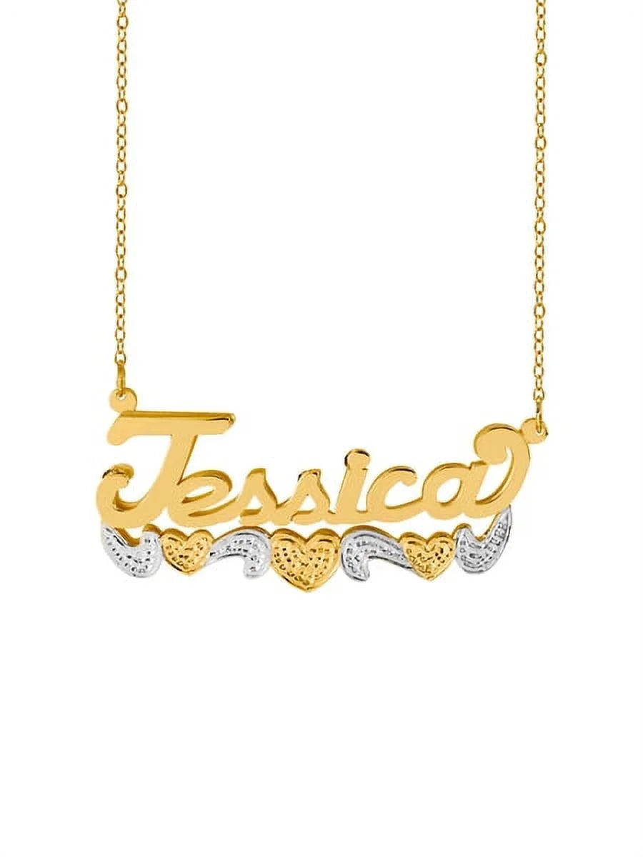 Sterling Silver 14K Gold Plated Double Name Necklace with Hearts and Tail, 18" Link Chain, Spring Ring Clasp C48345