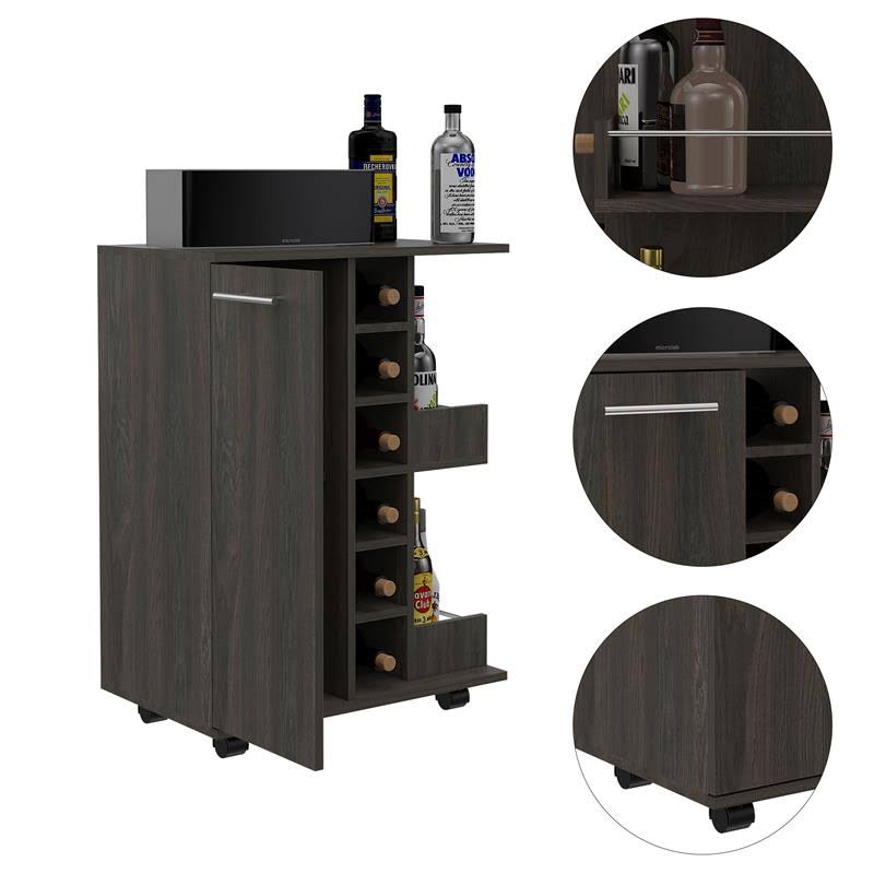 Espresso Bar Cart Cabinet with 6-Cubbies and 2-Shelves B698