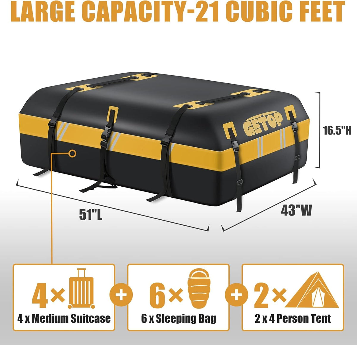 Rooftop Cargo Carrier Bag Waterproof 730D Car Roof Bag Heavy-Duty Soft-Shell with Non-Slip Mat, 6 Door Hooks, Lock, Storage Bag (Yellow) G177918