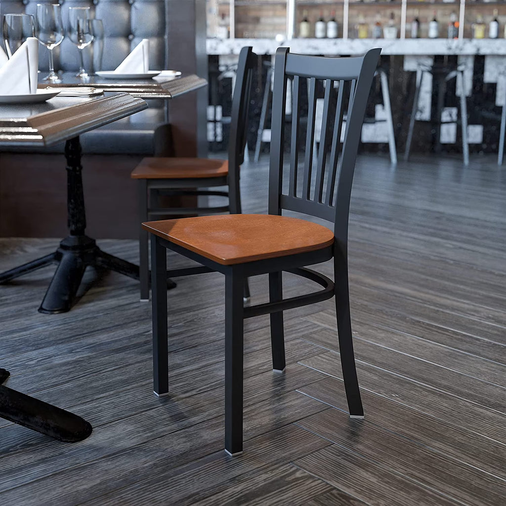 Black Vertical Back Metal Restaurant Chair with Cherry Wood Seat D288730