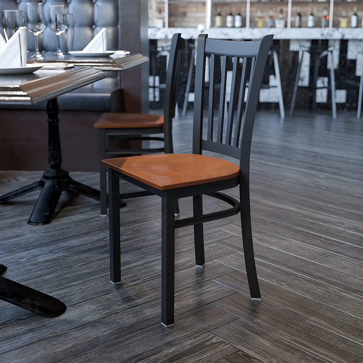Black Vertical Back Metal Restaurant Chair with Cherry Wood Seat D288730
