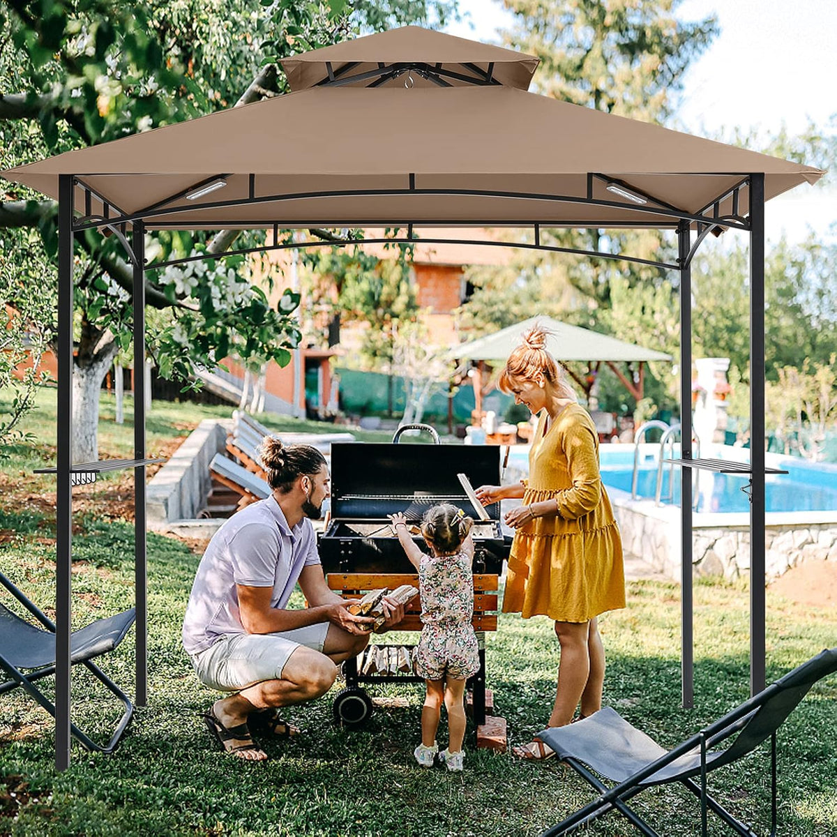 Brown 8'x 5' Outdoor BBQ Gazebo Canopy with LED Light R237
