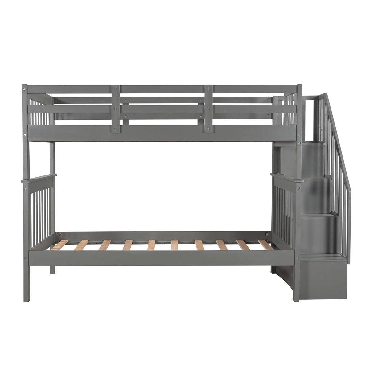Twin-Over-Twin Bunk Bed with Stairway, Storage and Guard Rail - Grey X54911
