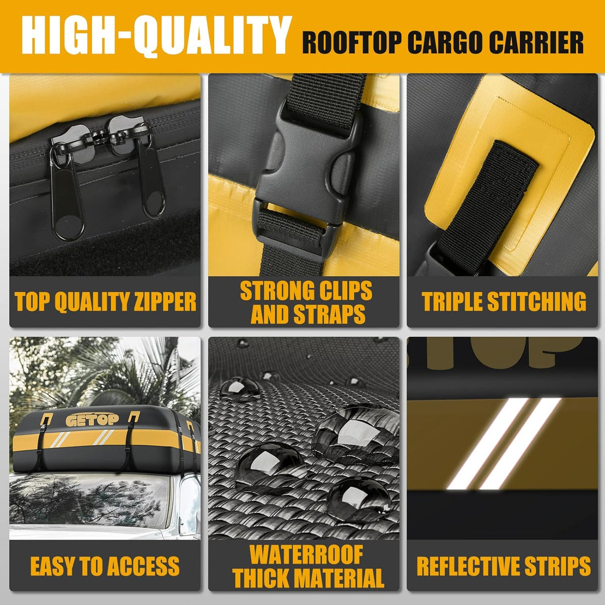 Rooftop Cargo Carrier Bag Waterproof 730D Car Roof Bag Heavy-Duty Soft-Shell with Non-Slip Mat, 6 Door Hooks, Lock, Storage Bag (Yellow) G177918