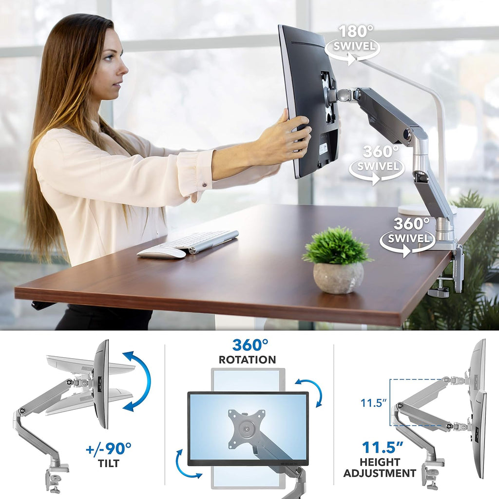 Single Monitor Arm Mount Desk Stand Full Motion Height Adjustable Articulating Mechanical Spring Arm Fits 24 27 29 30 32 Inch VESA Compatible Computer Screen C-Clamp and Grommet Base D87287