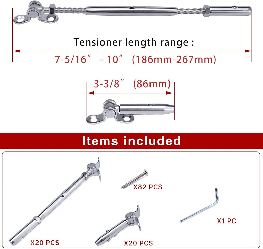 20 Set Swageless Cable Railing Kit 1/8 T316 Stainless Steel Hardware G7327