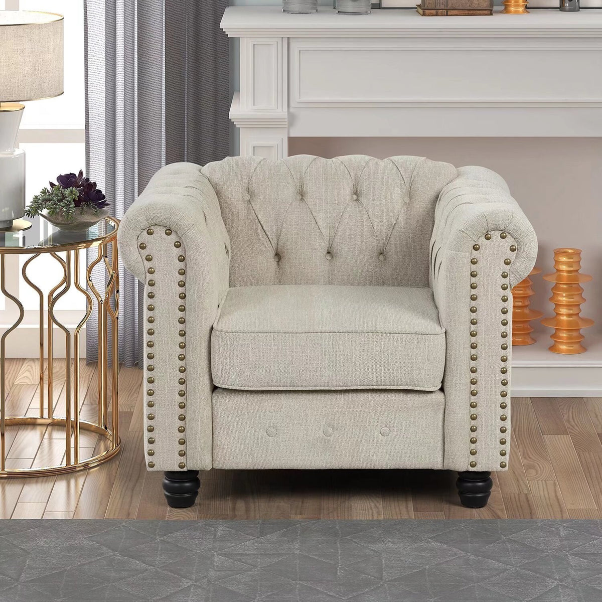 Upholstered Fabric Linen Grey Chesterfield Sofa 3 PCS F289557
