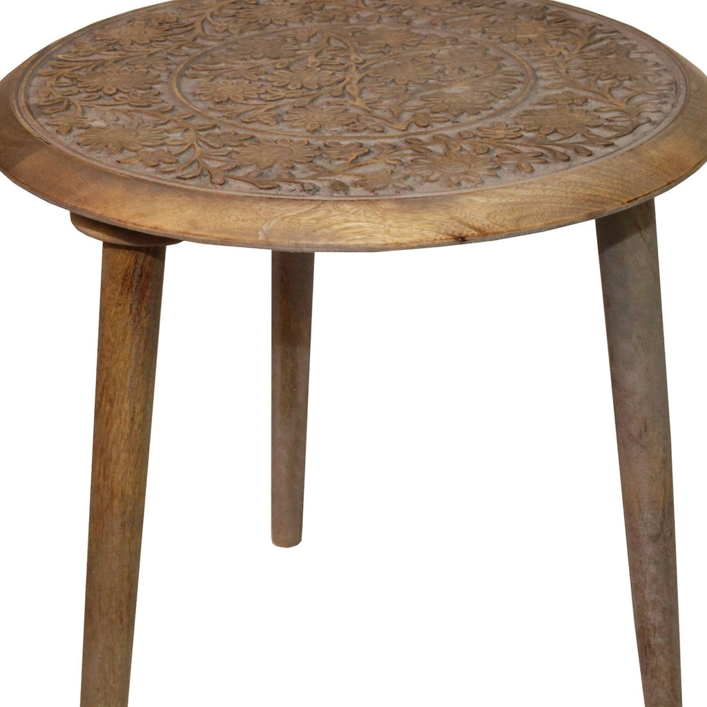 Brown Wooden Accent Table with Floral Engraving J71688