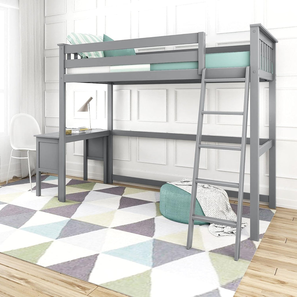 White Twin High Loft Bed with Bookcase J317