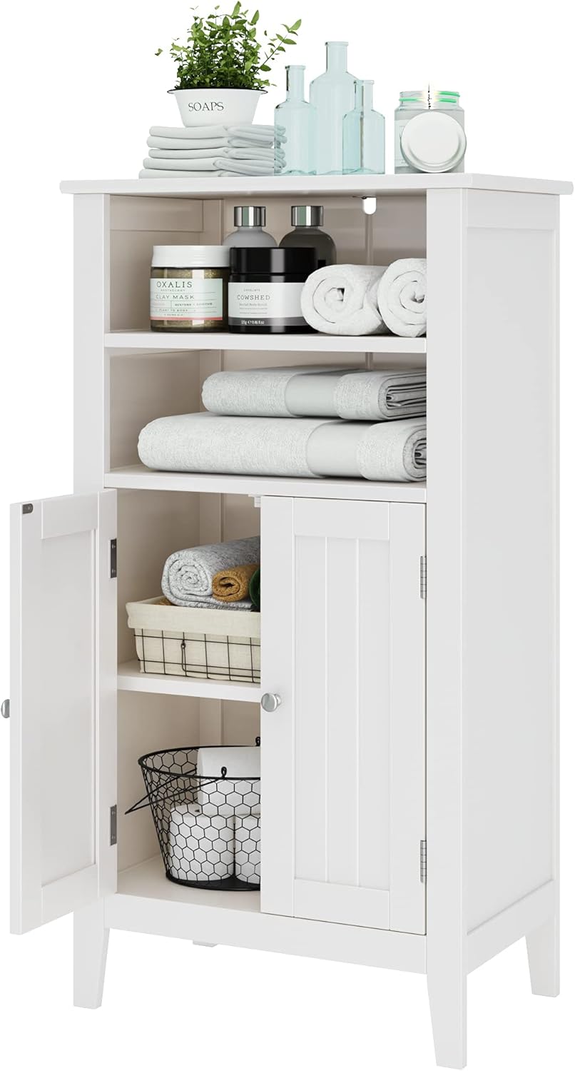 White Double Door Bathroom Floor Cabinet with Shelves D105447