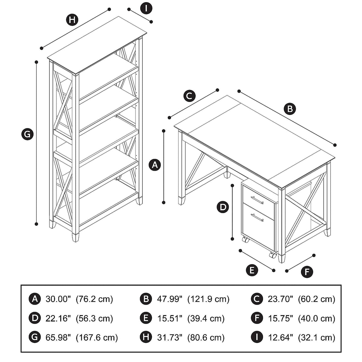 48W Writing Desk with 2 Drawer Mobile File Cabinet and 5 Shelf Bookcase in Washed Gray Z277043