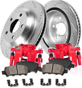 Powder Coated Red Calipers with Drilled Slotted Rotors and Ceramic Brake Pads L242637