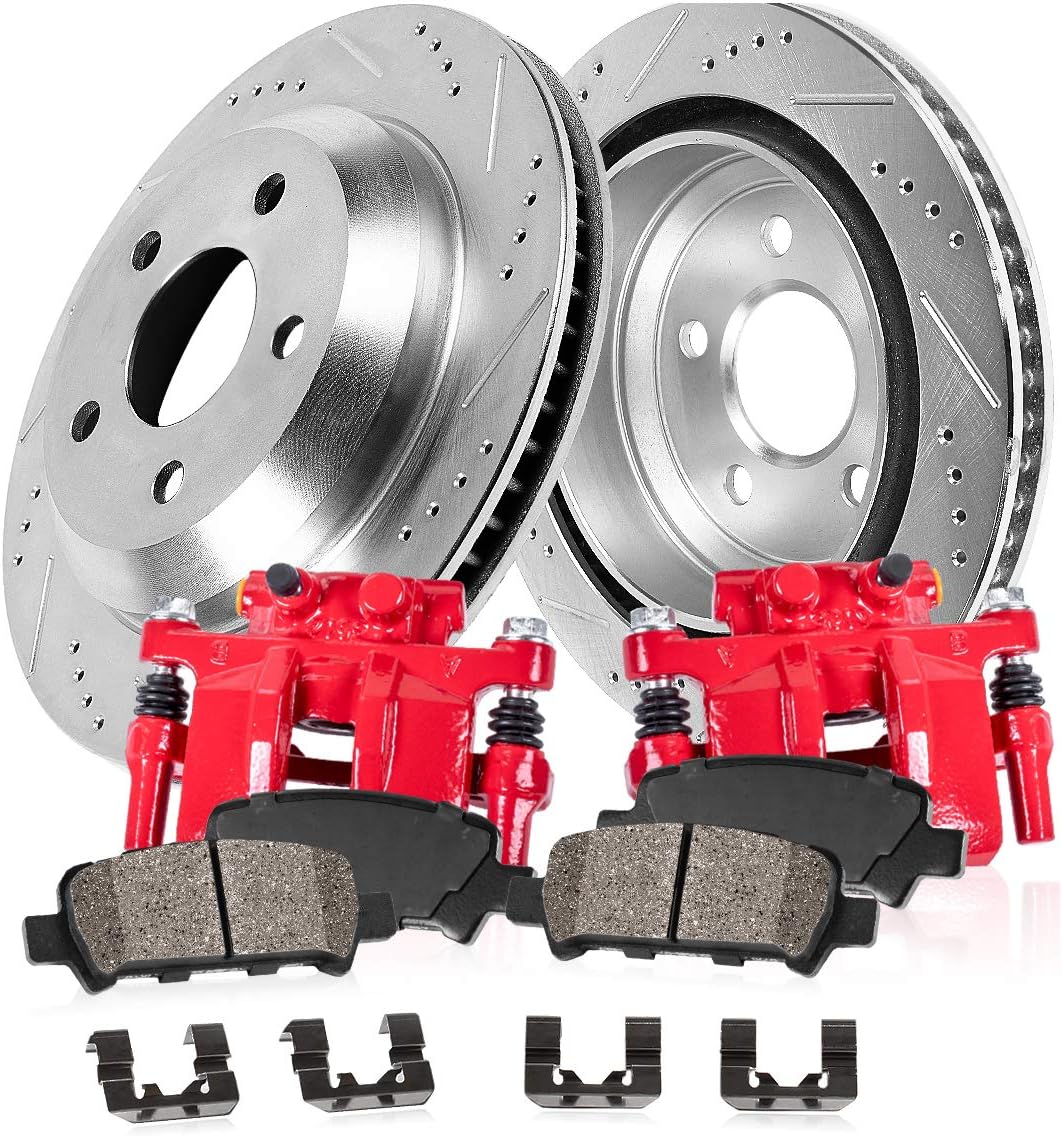 Powder Coated Red Calipers with Drilled Slotted Rotors and Ceramic Brake Pads L242637