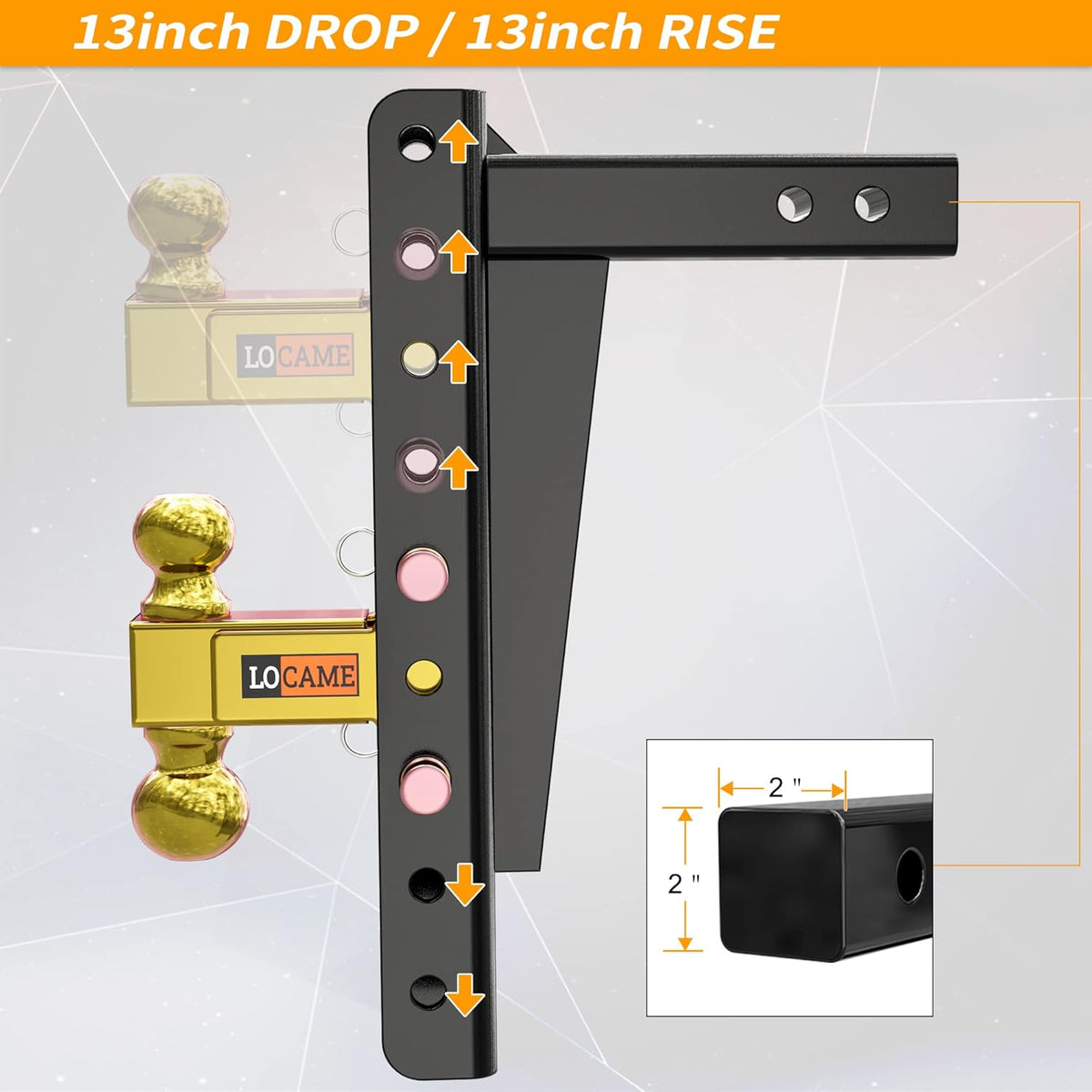 Adjustable Trailer Hitch, 2-Inch Receiver, 13-Inch Drop/Rise, 21000 LBS GTW, Double Pins, Solid Ball Mount V6195