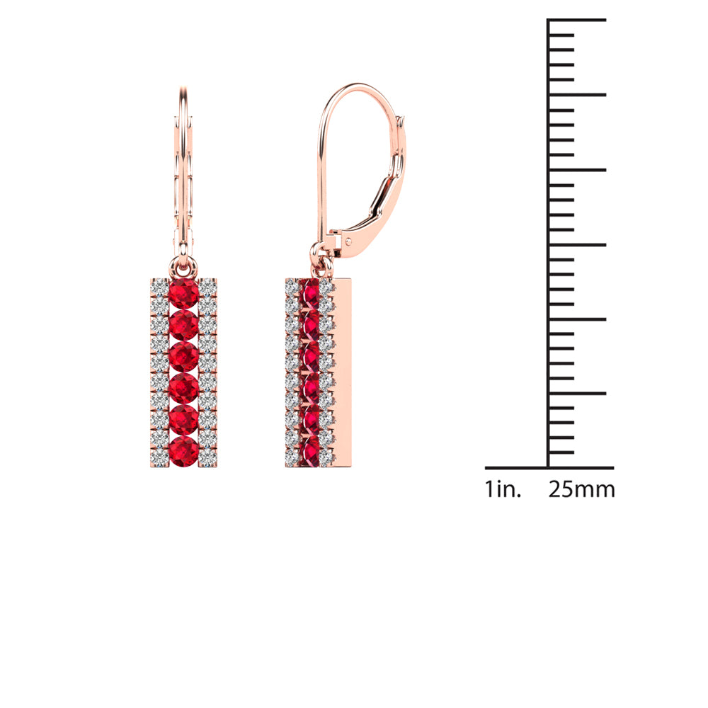14K Rose Gold Diamond and Ruby Bar Drop Earrings B9811
